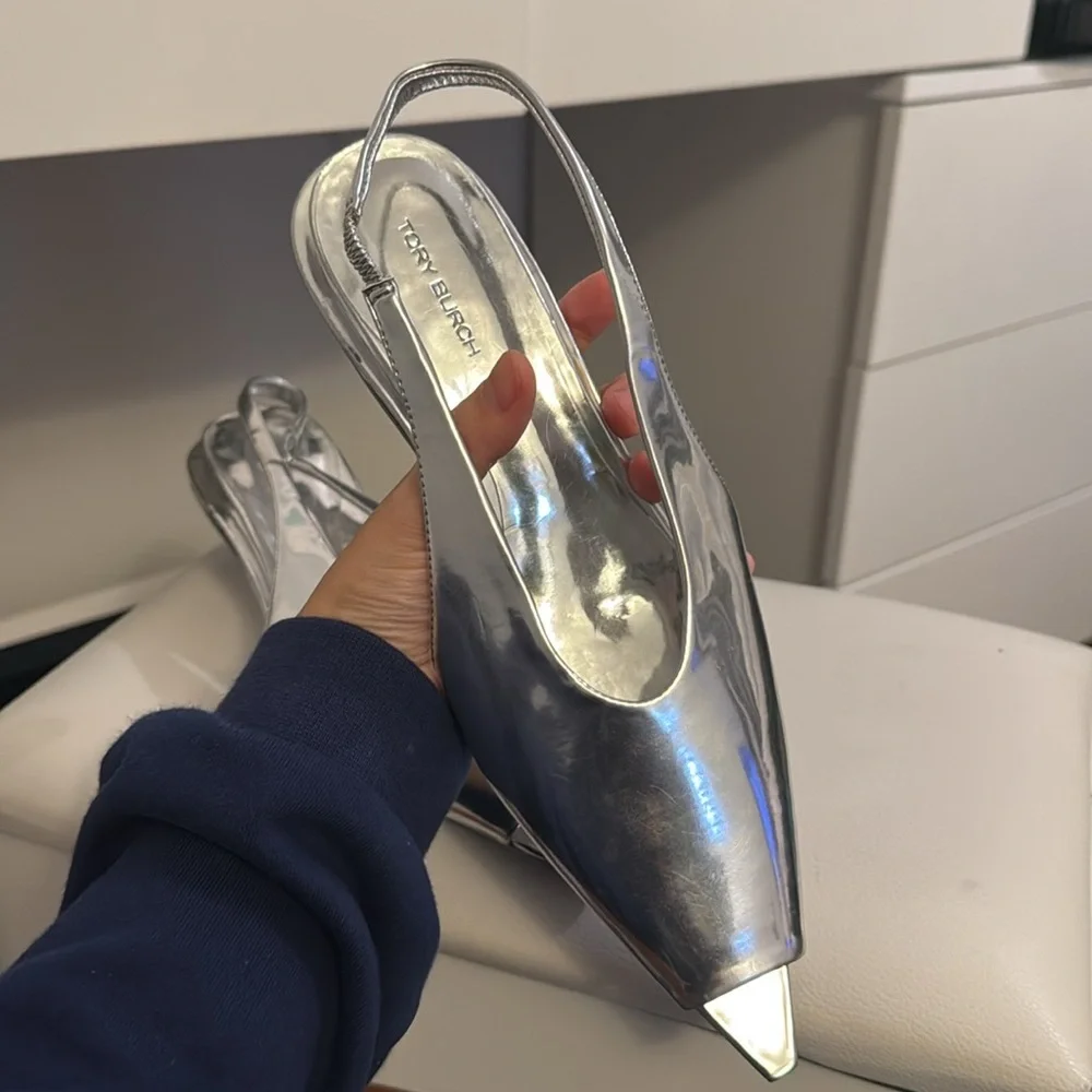 Tory Burch Silver Metallic Slingback Kitten Heels